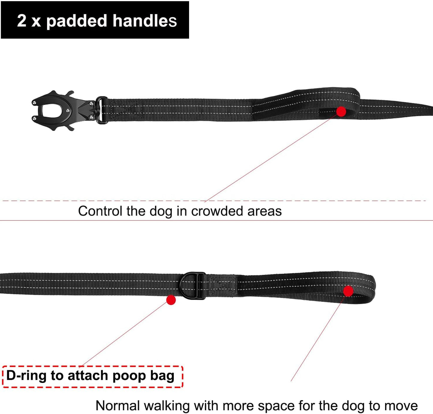 Relfective Dog Leash for Medium Large Dogs,K9 Training Walking Lead with Double Handle,Heavy Duty Auto-Lock Metal Clasp (6Ft, Black)