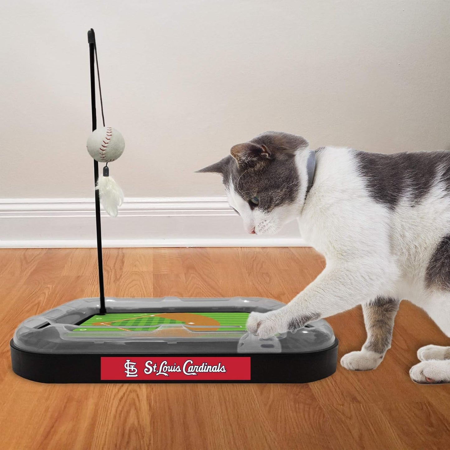 Cat Scratching Toy MLB ST. Louis Cardinals Baseball Field Cat Scratcher Toy with Interactive Cat Ball Bell in Tracks. 5-In-1 CAT Toy: Cat Wand Poll with Catnip Filled Plush Baseball & Feathers.