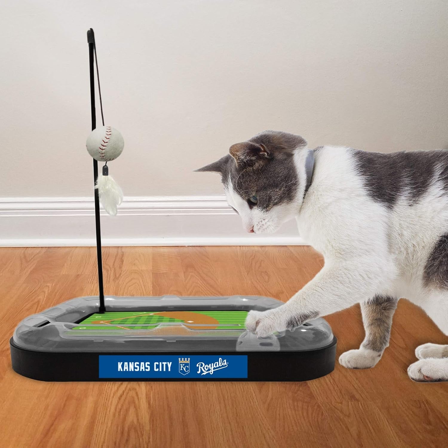 Cat Scratching Toy MLB Kansas City Royals Baseball Field Cat Scratcher Toy with Interactive Cat Ball Bell in Tracks. 5-In-1 CAT Toy: Cat Wand Poll with Catnip Filled Plush Baseball & Feathers.