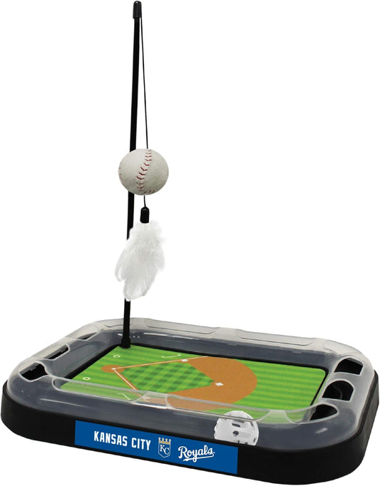 Cat Scratching Toy MLB Kansas City Royals Baseball Field Cat Scratcher Toy with Interactive Cat Ball Bell in Tracks. 5-In-1 CAT Toy: Cat Wand Poll with Catnip Filled Plush Baseball & Feathers.