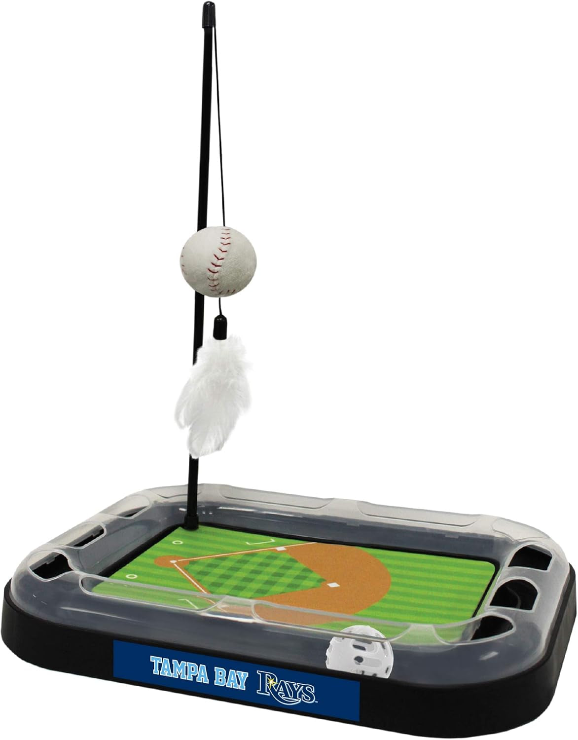 Cat Scratching Toy MLB Tampa Bay Rays Baseball Field Cat Scratcher Toy with Interactive Cat Ball Bell in Tracks. 5-In-1 CAT Toy: Cat Wand Poll with Catnip Filled Plush Baseball & Feathers.