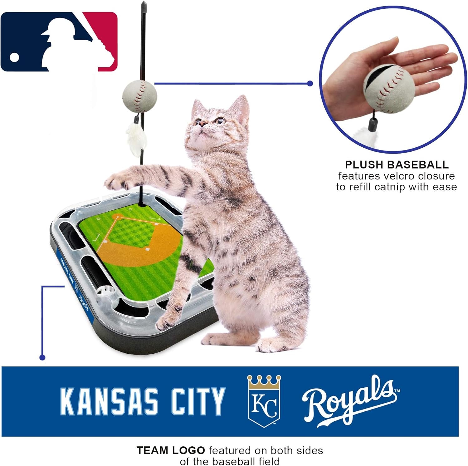 Cat Scratching Toy MLB Kansas City Royals Baseball Field Cat Scratcher Toy with Interactive Cat Ball Bell in Tracks. 5-In-1 CAT Toy: Cat Wand Poll with Catnip Filled Plush Baseball & Feathers.