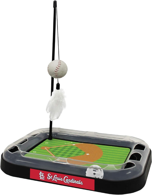 Cat Scratching Toy MLB ST. Louis Cardinals Baseball Field Cat Scratcher Toy with Interactive Cat Ball Bell in Tracks. 5-In-1 CAT Toy: Cat Wand Poll with Catnip Filled Plush Baseball & Feathers.