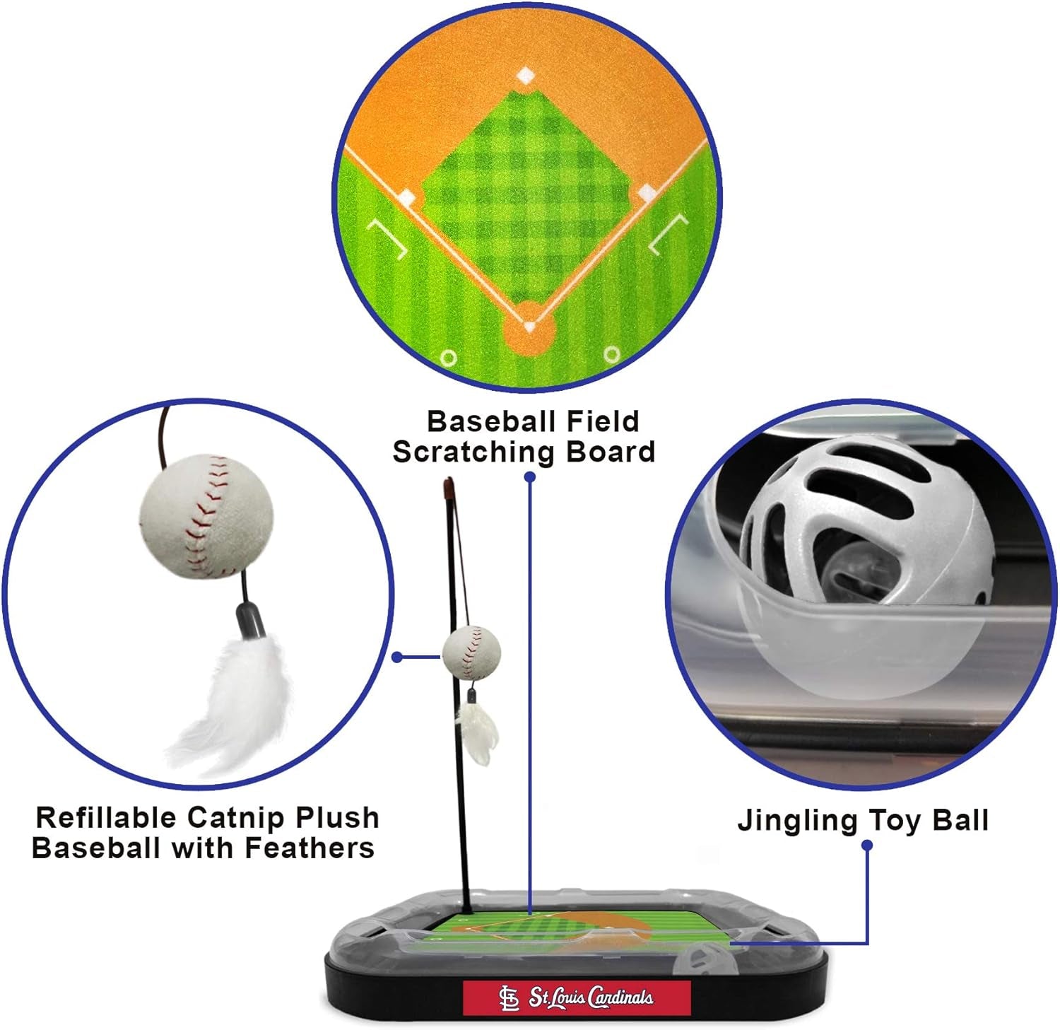 Cat Scratching Toy MLB ST. Louis Cardinals Baseball Field Cat Scratcher Toy with Interactive Cat Ball Bell in Tracks. 5-In-1 CAT Toy: Cat Wand Poll with Catnip Filled Plush Baseball & Feathers.