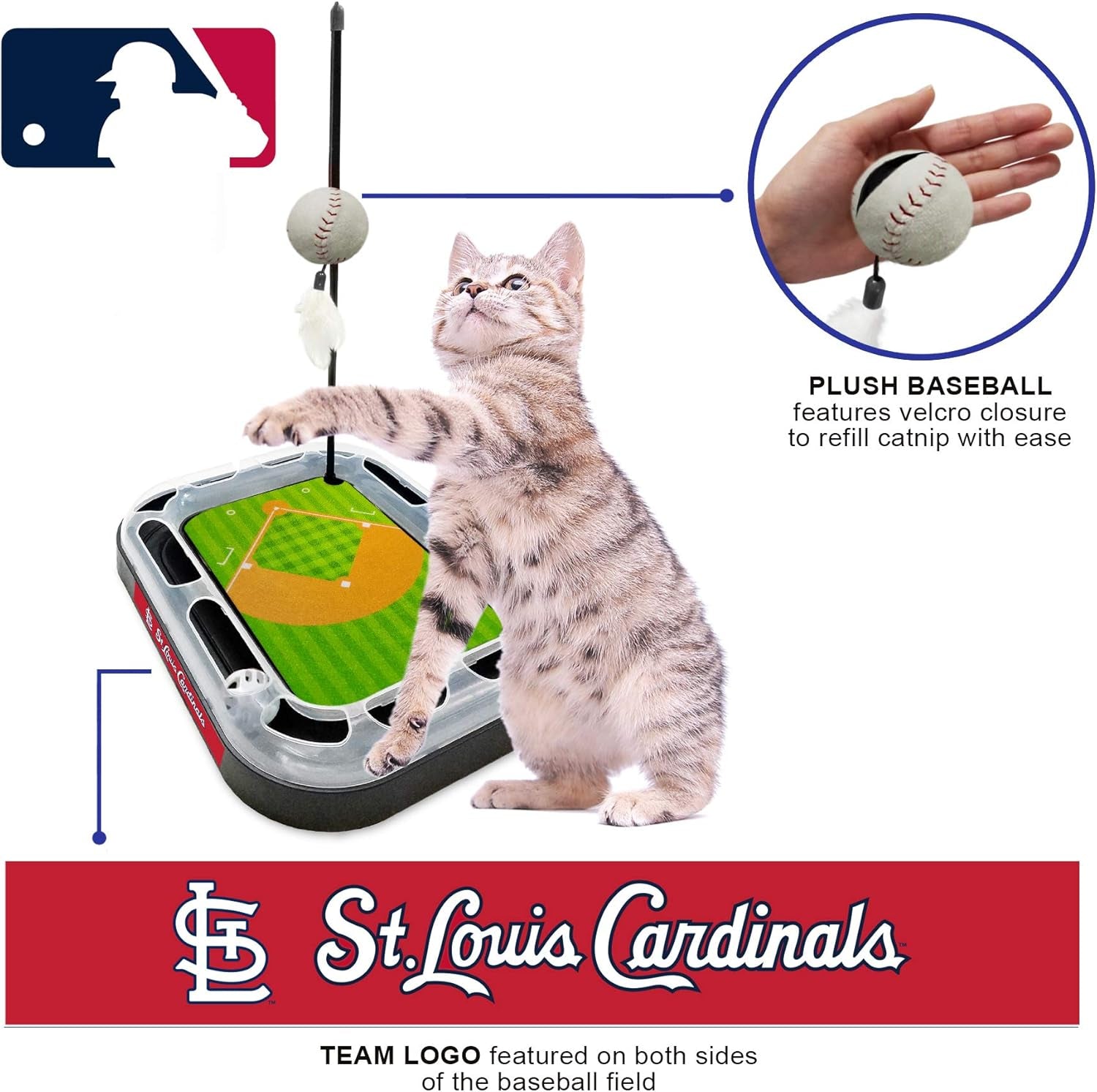 Cat Scratching Toy MLB ST. Louis Cardinals Baseball Field Cat Scratcher Toy with Interactive Cat Ball Bell in Tracks. 5-In-1 CAT Toy: Cat Wand Poll with Catnip Filled Plush Baseball & Feathers.