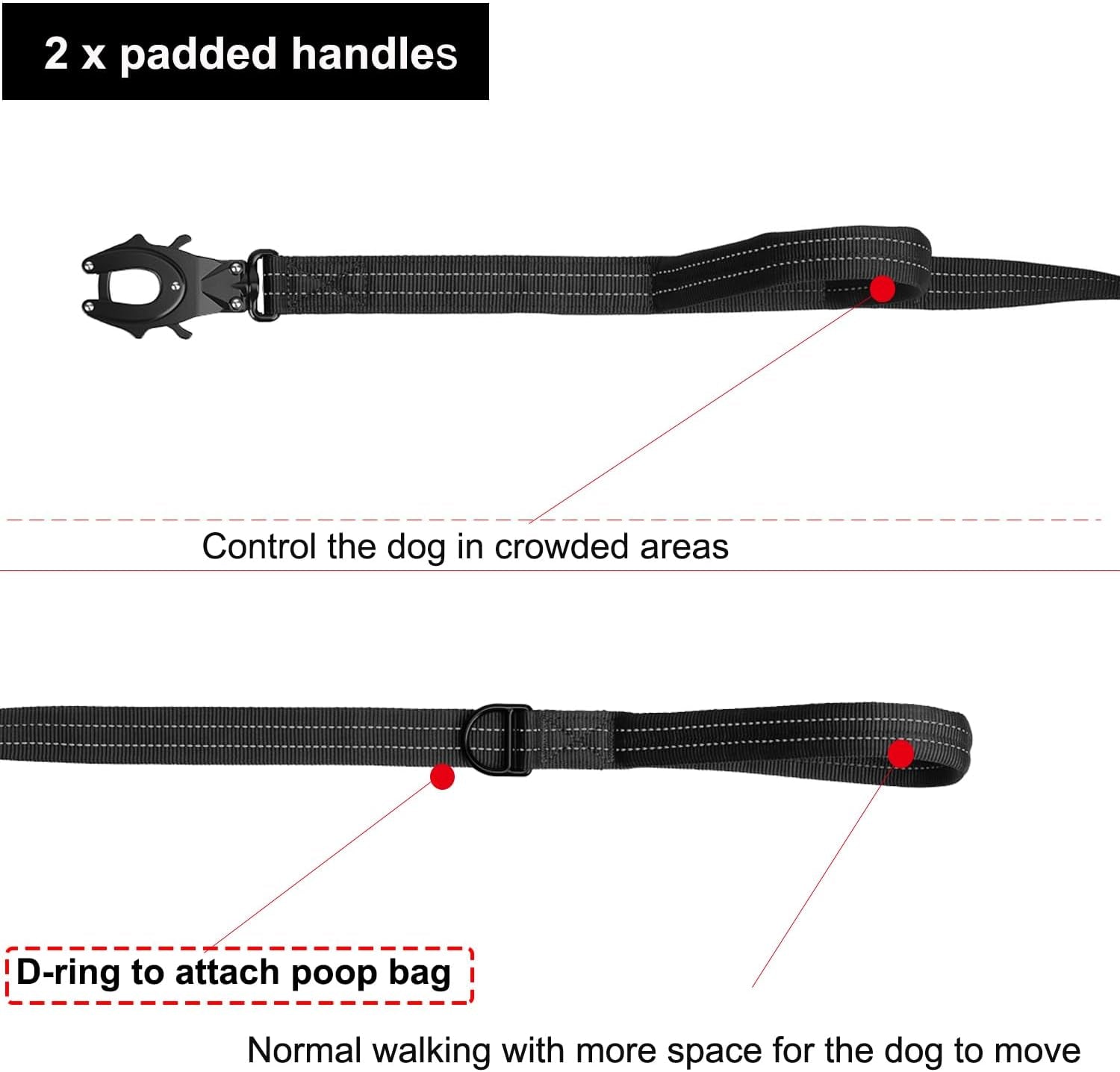Relfective Dog Leash for Medium Large Dogs,K9 Training Walking Lead with Double Handle,Heavy Duty Auto-Lock Metal Clasp (6Ft, Black)