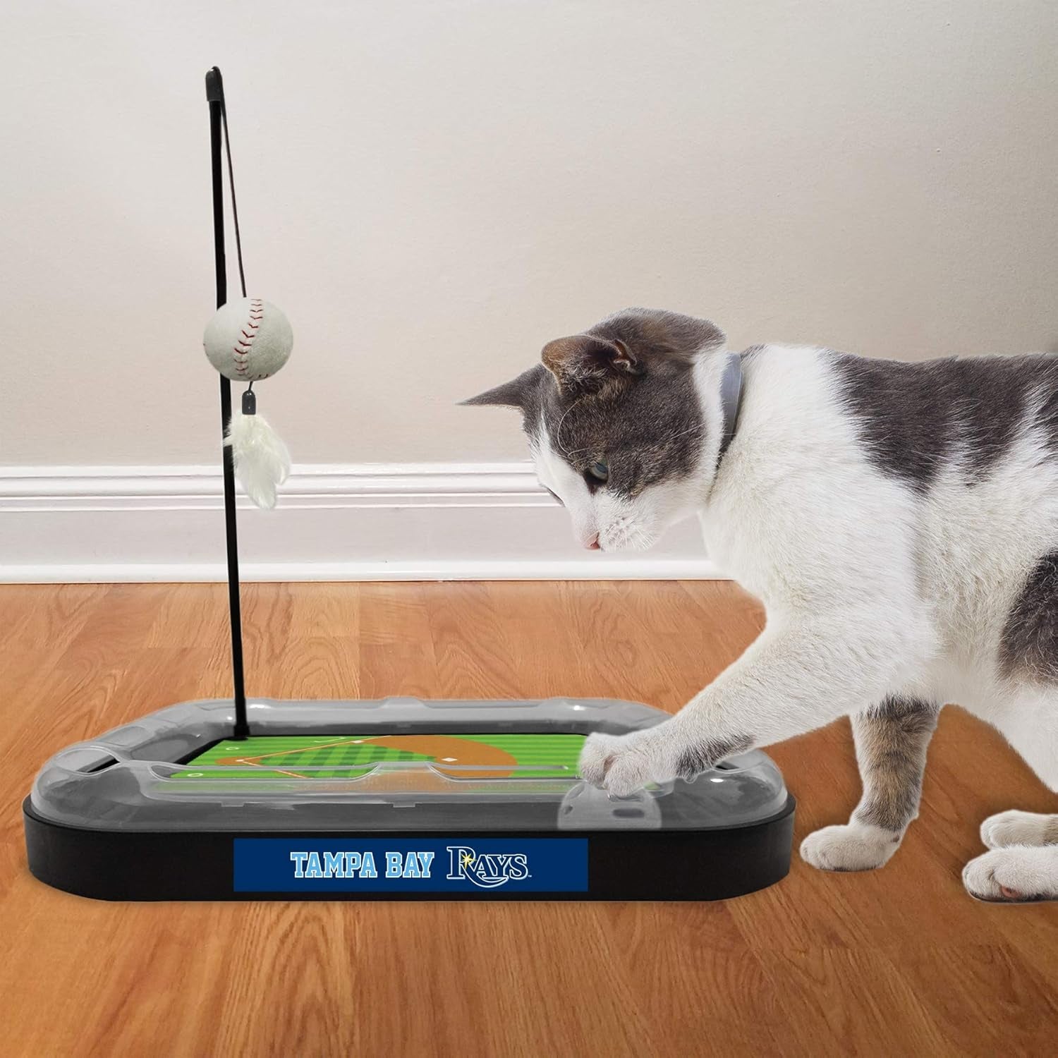 Cat Scratching Toy MLB Tampa Bay Rays Baseball Field Cat Scratcher Toy with Interactive Cat Ball Bell in Tracks. 5-In-1 CAT Toy: Cat Wand Poll with Catnip Filled Plush Baseball & Feathers.