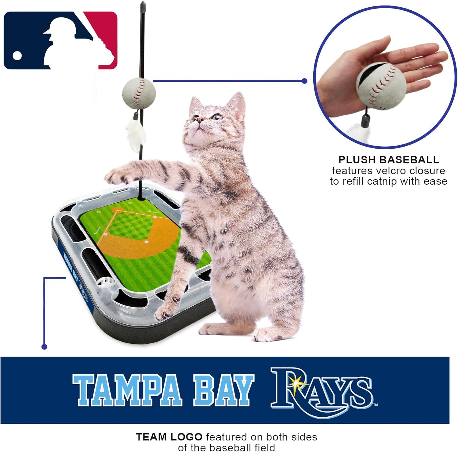 Cat Scratching Toy MLB Tampa Bay Rays Baseball Field Cat Scratcher Toy with Interactive Cat Ball Bell in Tracks. 5-In-1 CAT Toy: Cat Wand Poll with Catnip Filled Plush Baseball & Feathers.