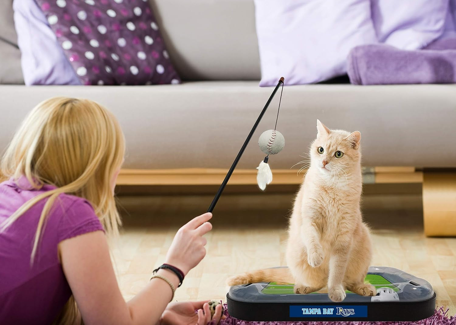 Cat Scratching Toy MLB Tampa Bay Rays Baseball Field Cat Scratcher Toy with Interactive Cat Ball Bell in Tracks. 5-In-1 CAT Toy: Cat Wand Poll with Catnip Filled Plush Baseball & Feathers.