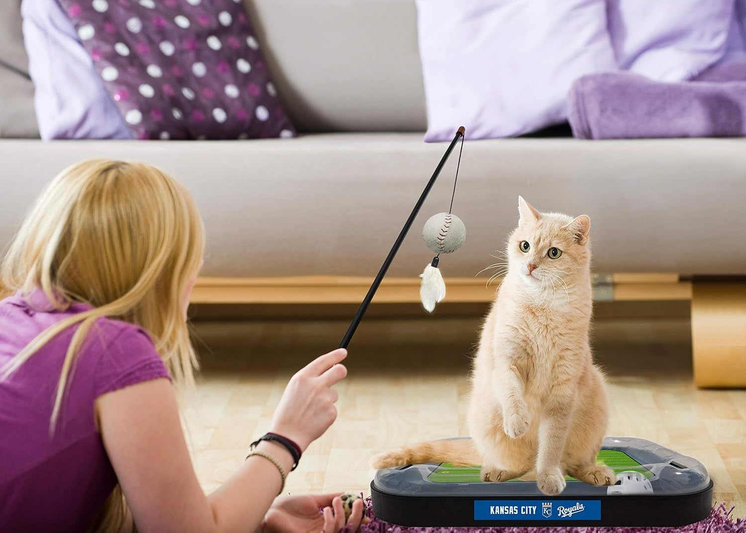 Cat Scratching Toy MLB Kansas City Royals Baseball Field Cat Scratcher Toy with Interactive Cat Ball Bell in Tracks. 5-In-1 CAT Toy: Cat Wand Poll with Catnip Filled Plush Baseball & Feathers.