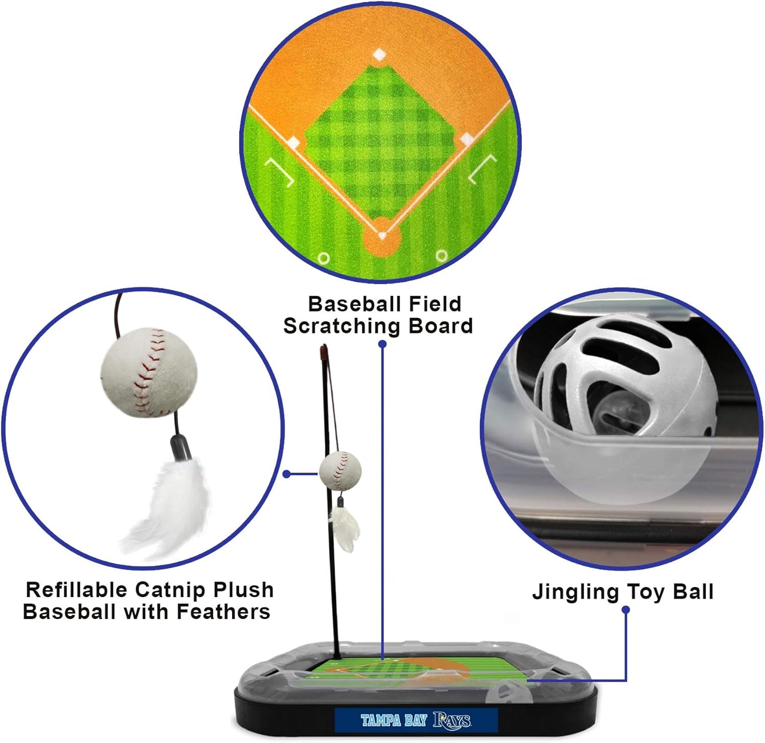 Cat Scratching Toy MLB Tampa Bay Rays Baseball Field Cat Scratcher Toy with Interactive Cat Ball Bell in Tracks. 5-In-1 CAT Toy: Cat Wand Poll with Catnip Filled Plush Baseball & Feathers.